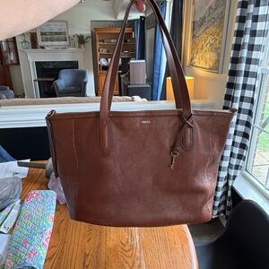 Fossil Chestnut Brown Leather Tote with Key Charm